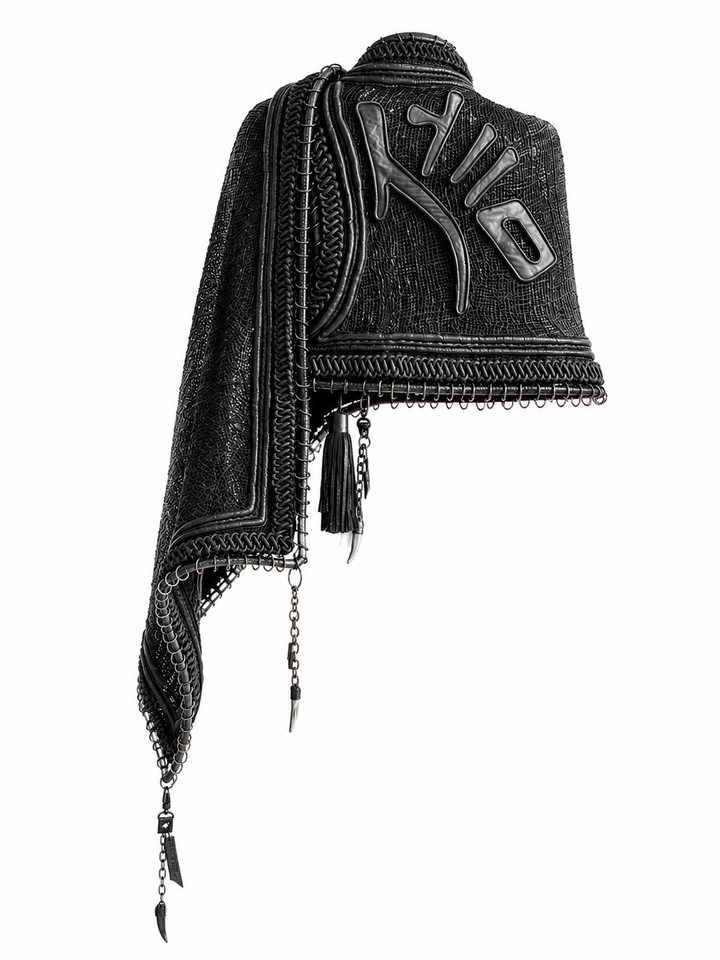 Black textured cape with bold lettering, chain trim, and tassel details, edgy fashion accessory