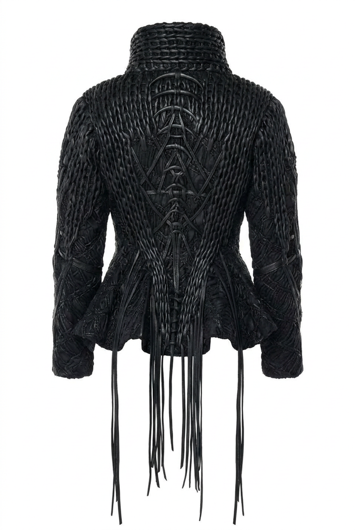 Black textured gothic jacket with lace-up back, high collar, and fringe details