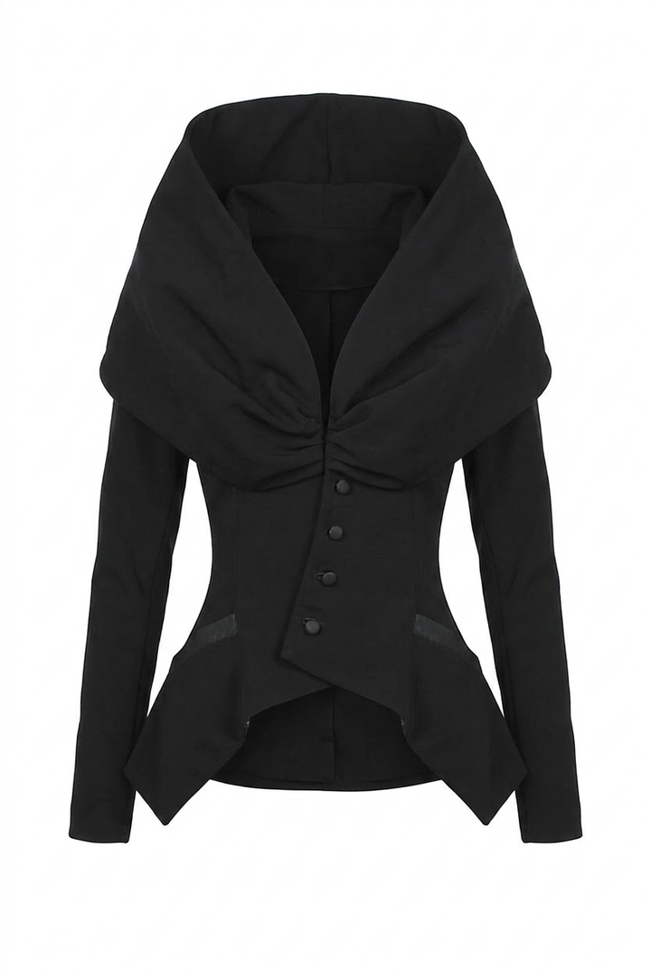 Black long sleeve blazer with draped collar, button front, and asymmetrical hem for women's fashion