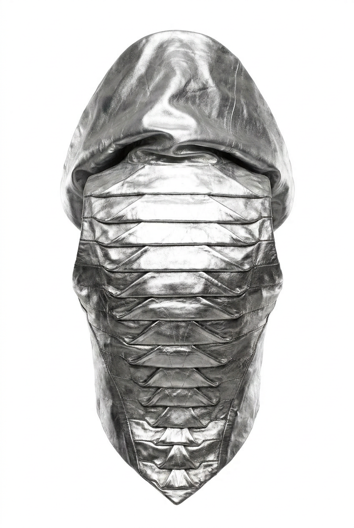 Silver metallic hooded mask with geometric pleated design, avant-garde fashion accessory