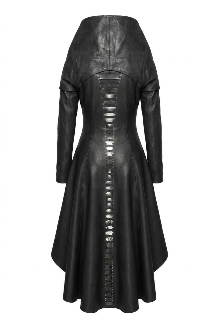 Black leather dress with back lace-up detail and flared skirt, gothic style