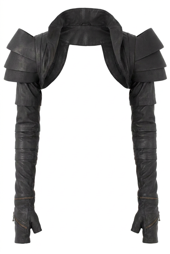 Black leather shoulder armor with layered epaulets and long gauntlet gloves