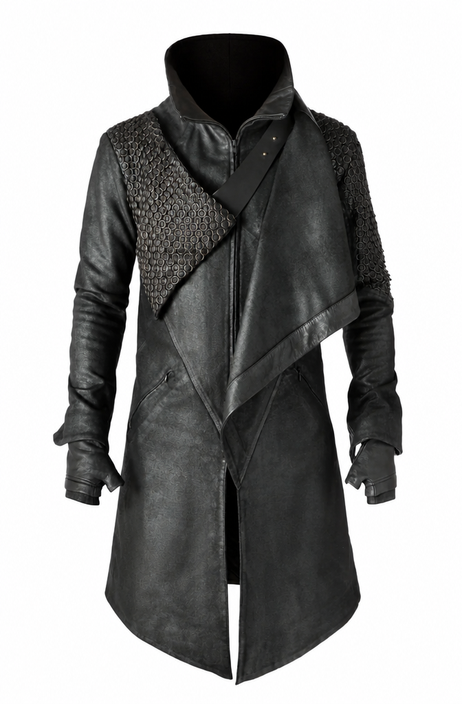 Black asymmetric coat with chainmail texture