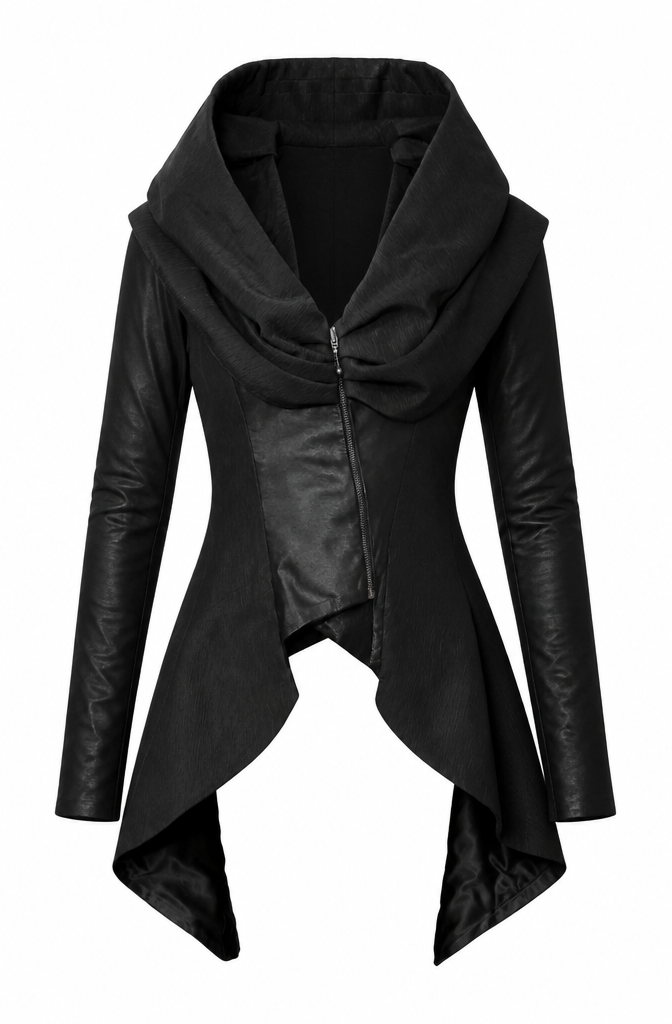 Black asymmetrical hooded jacket with zipper detail and flowing design