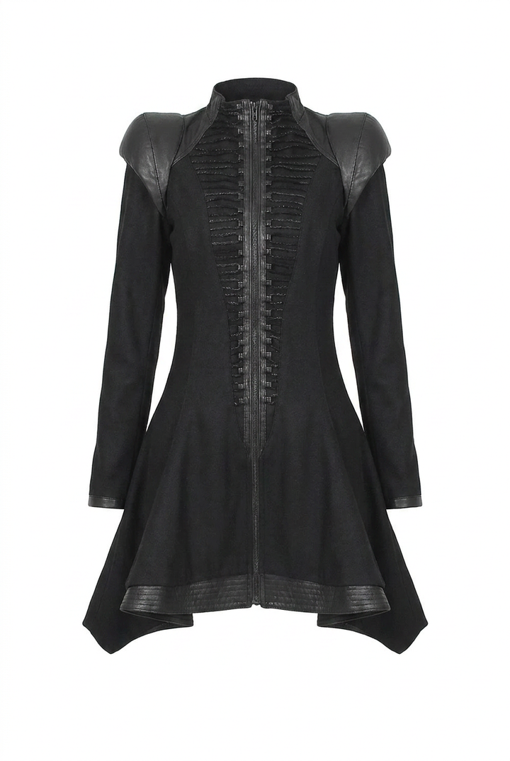 Black gothic zip-front dress with leather shoulder panels and asymmetrical hem