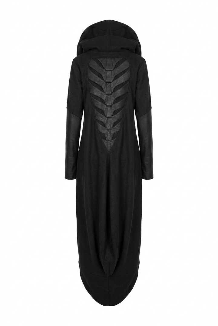 Black hooded coat with leather spine detailing and long sleeves, back view