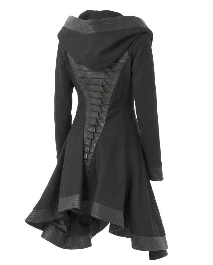 Black gothic hooded coat with corset back, asymmetrical hem, and leather trim details