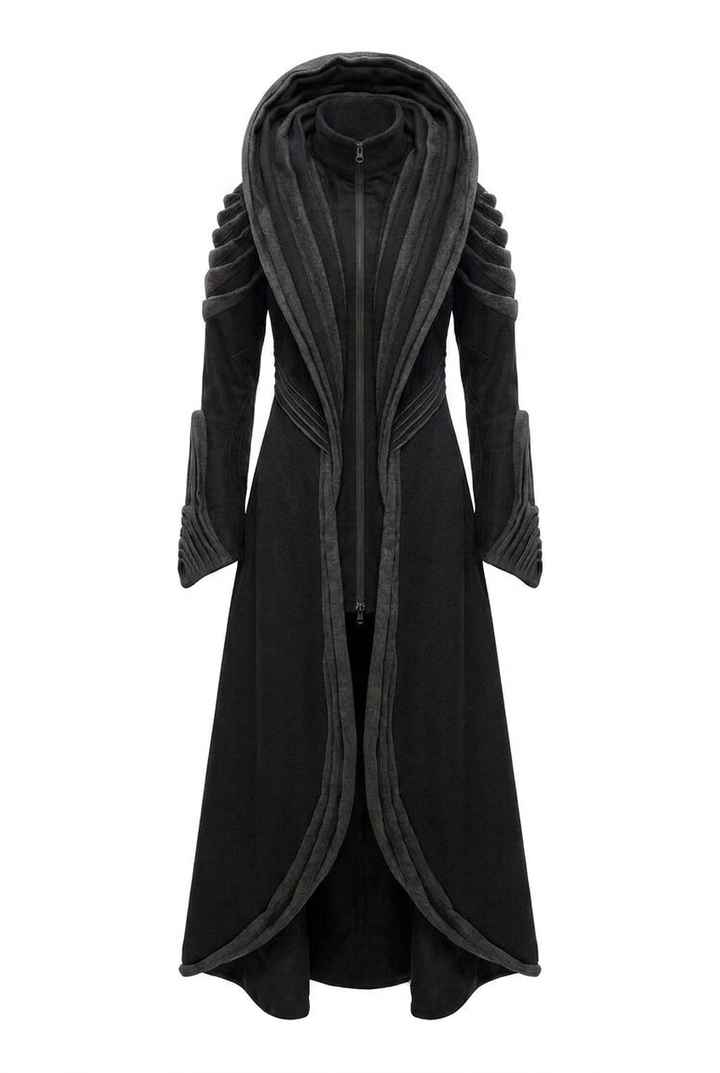Black gothic coat with hood and zipper, featuring dramatic layered design and long sleeves