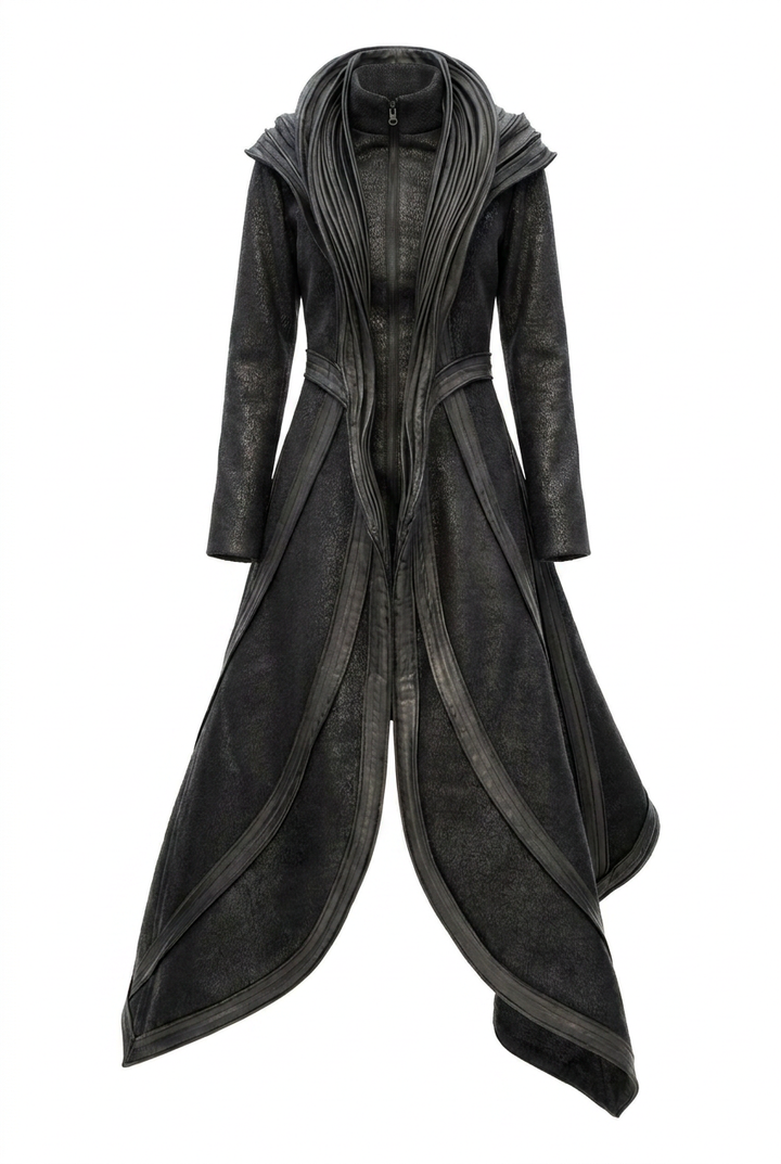 Black asymmetrical hooded coat with textured fabric and draped design