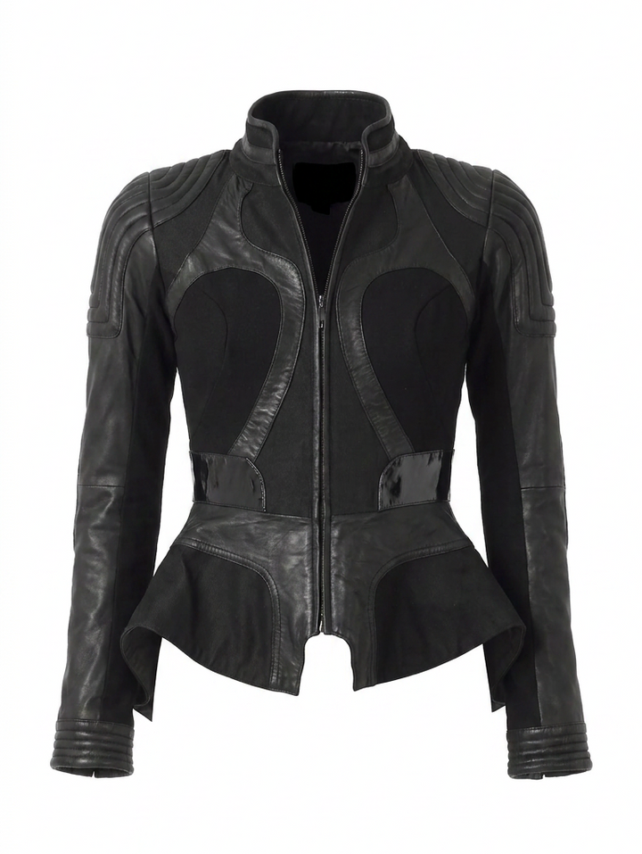 Black leather moto jacket with peplum hem, quilted shoulders, and front zipper for edgy style