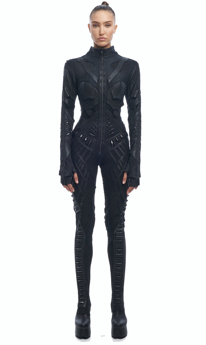 Futuristic black armored jumpsuit