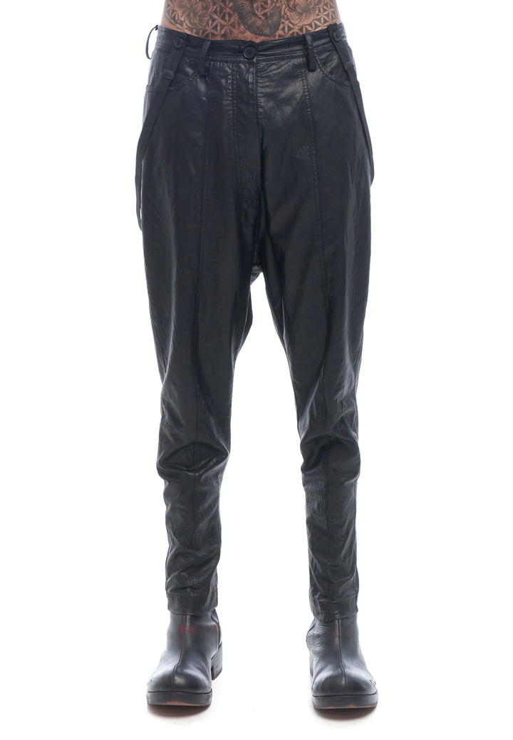 Black drop-crotch leather pants
