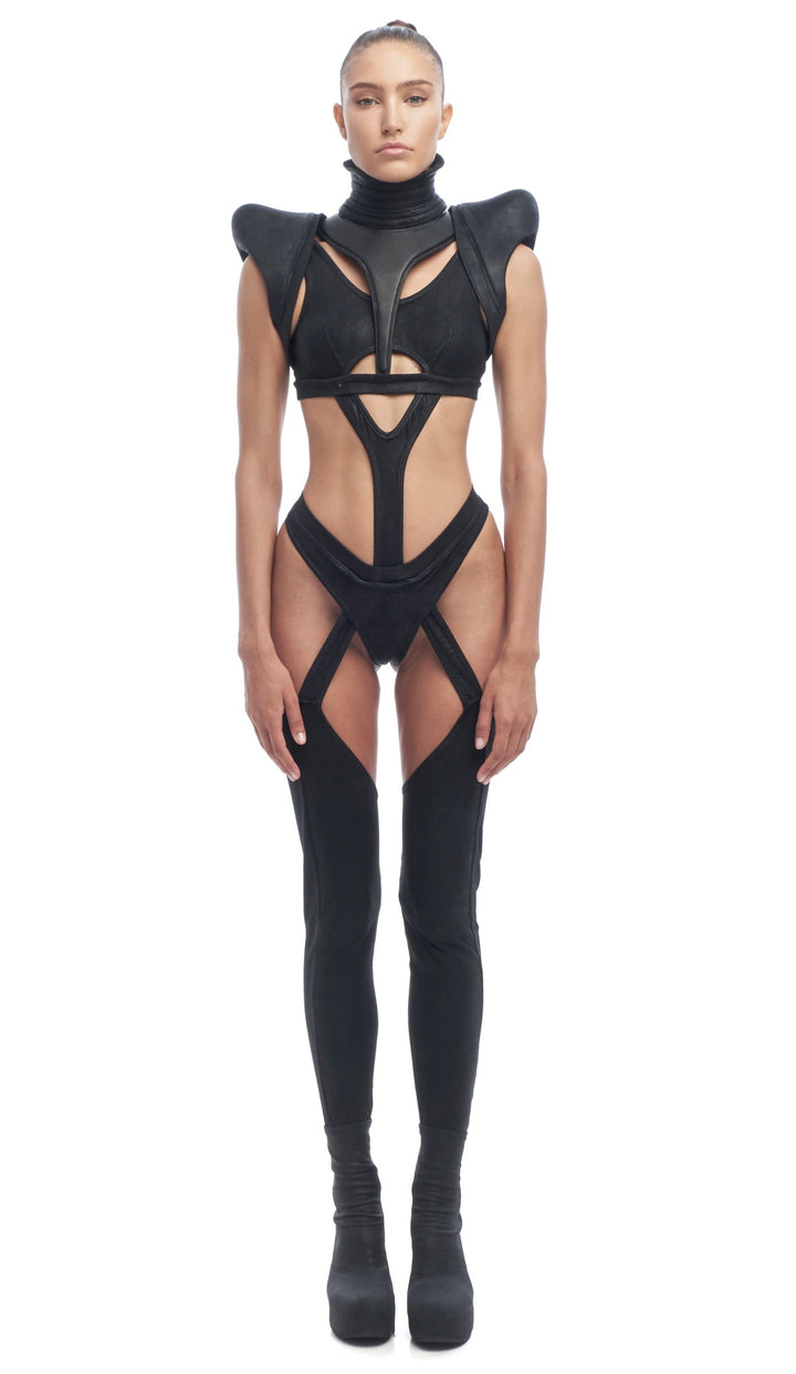 Futuristic black bodysuit harness